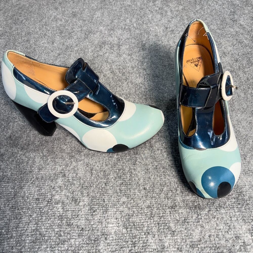 John Fluevog Arbus T-Strap Pumps 8.5 Blue Polka Dot Chunky Heel Views Leather